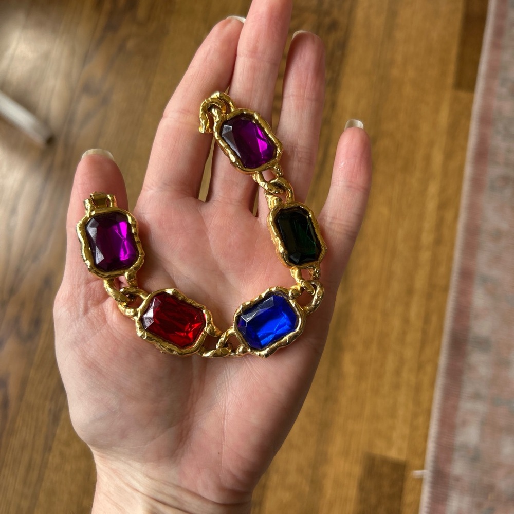 Vintage Gold-Tone Multicolor Glass Stone Link Bracelet - Picture 4 of 4